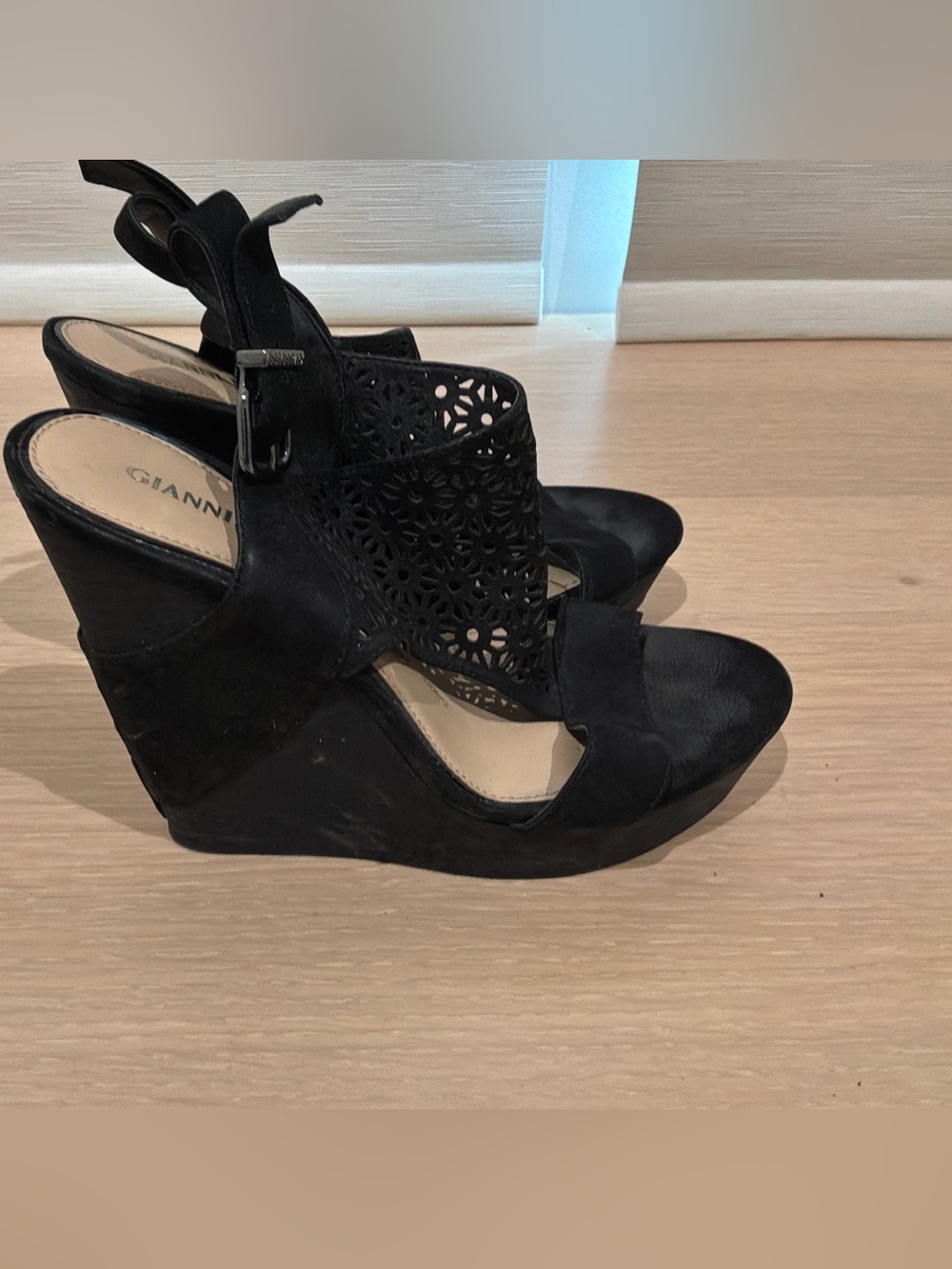 Gianni Bini Black Laser-Cut Suede Wedge Sandals